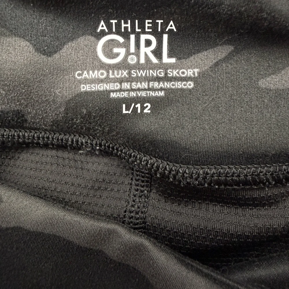 Athleta Girl Camo Lux Swing Skort Girls L/12 Tiered Ruffle Black Gray Active SU2